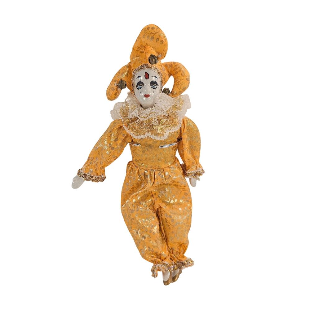 Vintage Porcelain Face Jester Clown Doll Orange Gold Harlequin Figure 12”